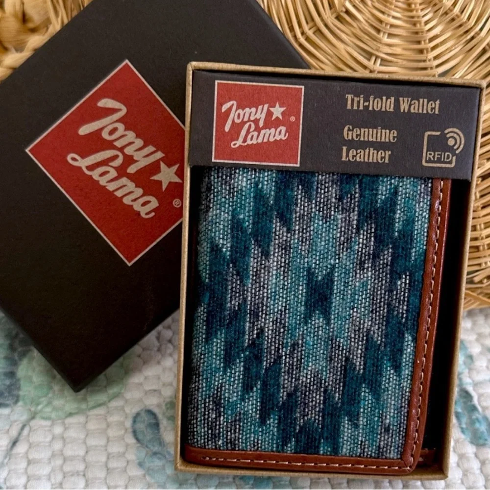 New Tony Lama Tri-Fold Wallet RFID Blue Aztec Canvas Leather Cowboy Western